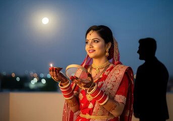 A bride dressed in a traditional red bridal outfit holding a diya under the moonlight, showcasing elegant bridal makeup and jewelry.