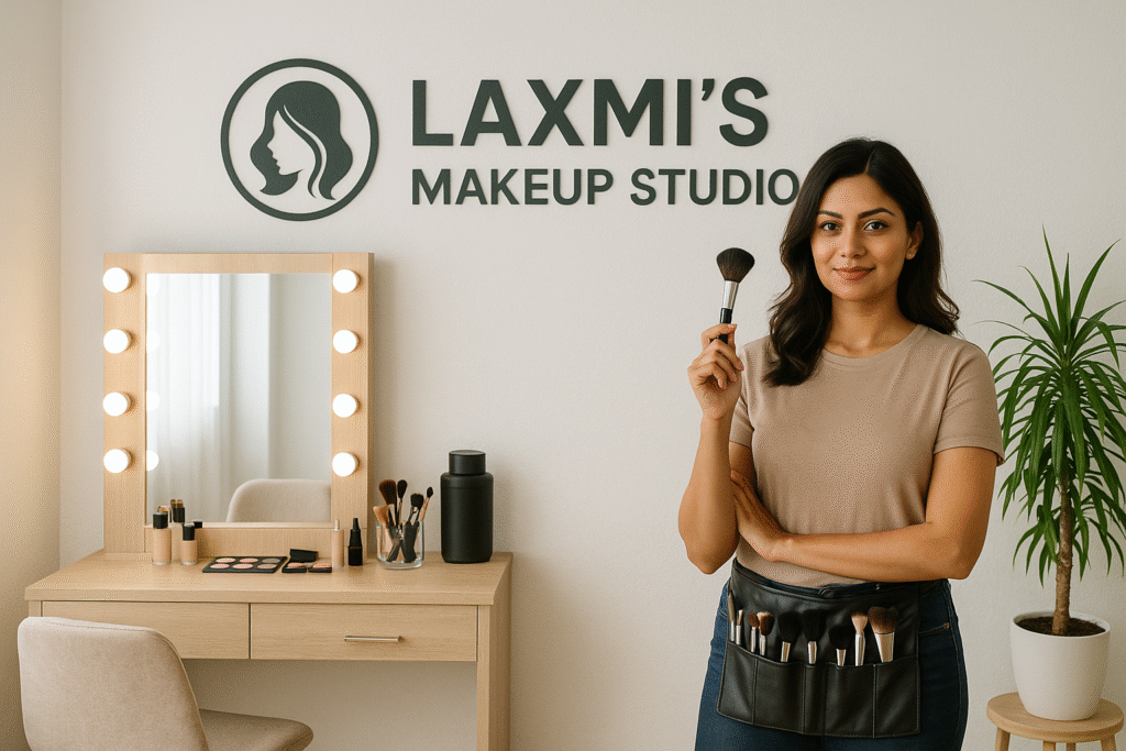Makeup artist standing in a beauty studio holding a makeup brush, with vanity mirror and makeup tools in the background at Laxmi's Makeup Studio