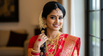 A woman dressed in a traditional South Indian bridal saree with gold jewelry, jasmine flowers in her hair, and elegant bridal makeup, smiling near a window.