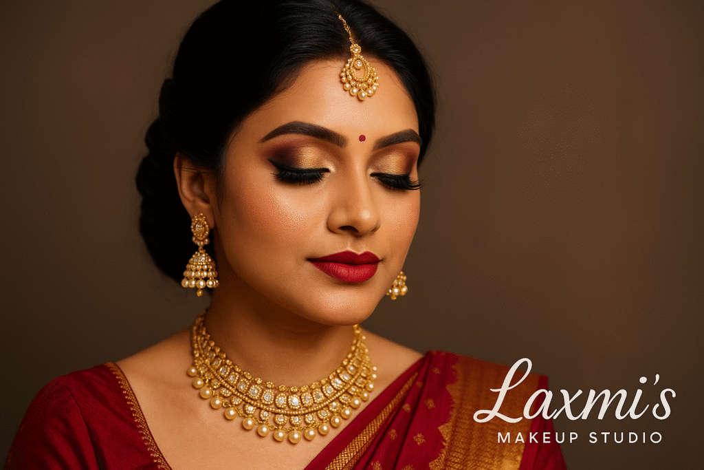 Beautiful after-makeup portrait of a bride with soft glam eyeshadow, flawless skin finish, red lipstick, and traditional jewelry, created by Laxmi’s Makeup Studio.