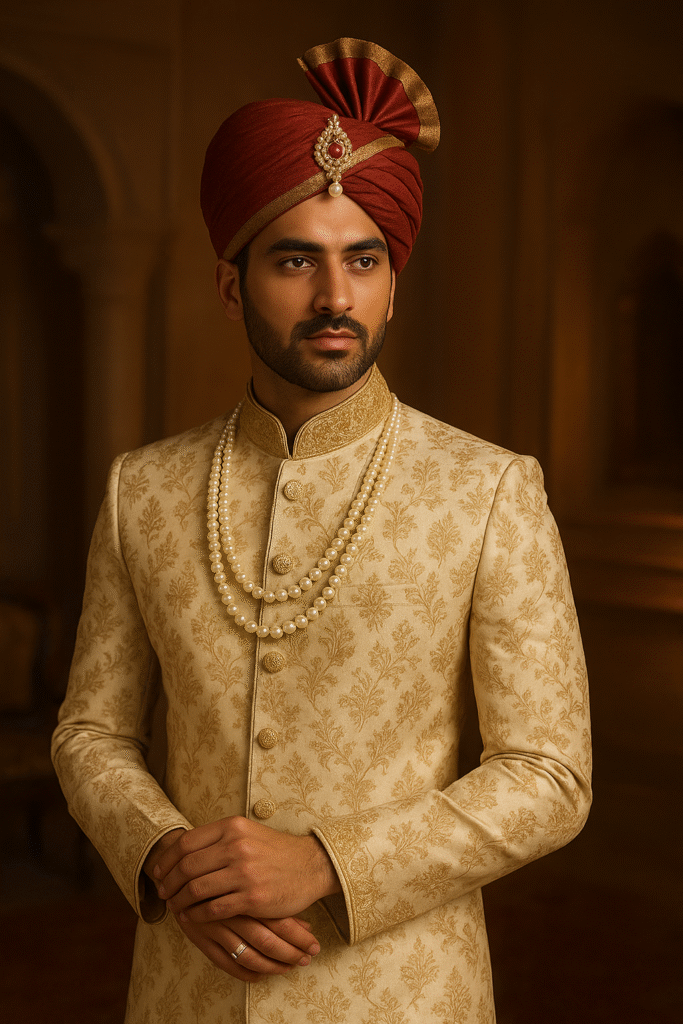 Royal North Indian groom look featuring beige sherwani and maroon safa, created by Laxmi’s Makeup Studio Mancherial.