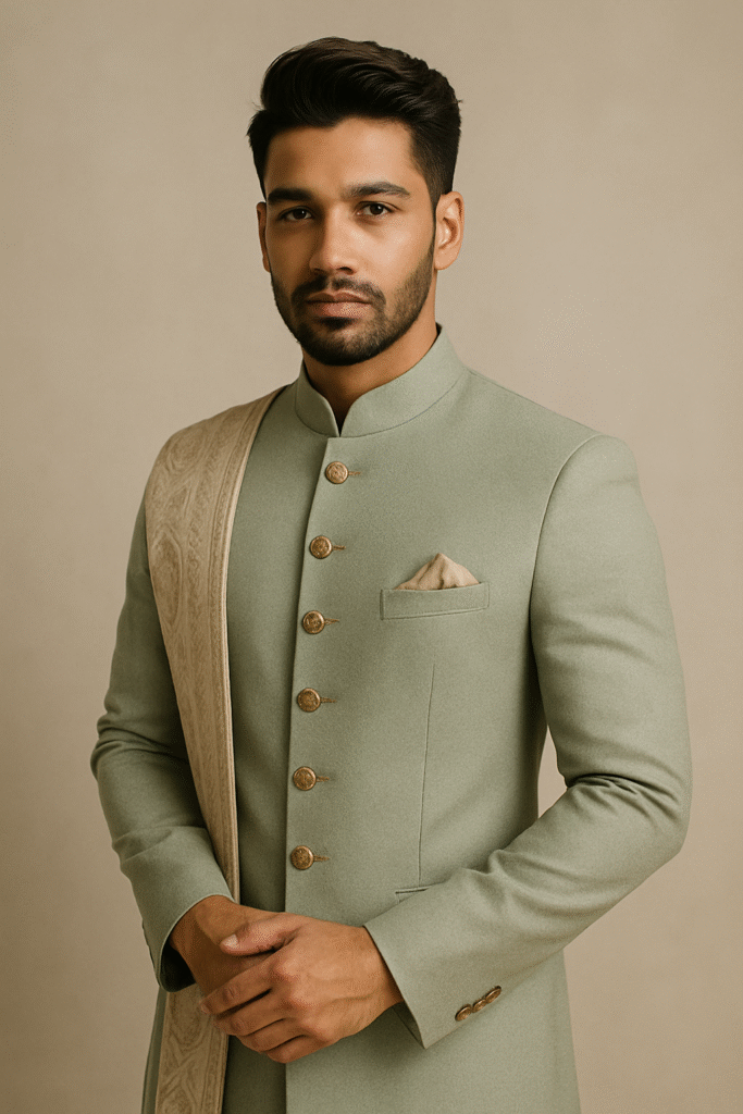 Indo-Western groom makeup look with clean skin finish and pastel attire, styled by Laxmi’s Makeup Studio Mancherial.