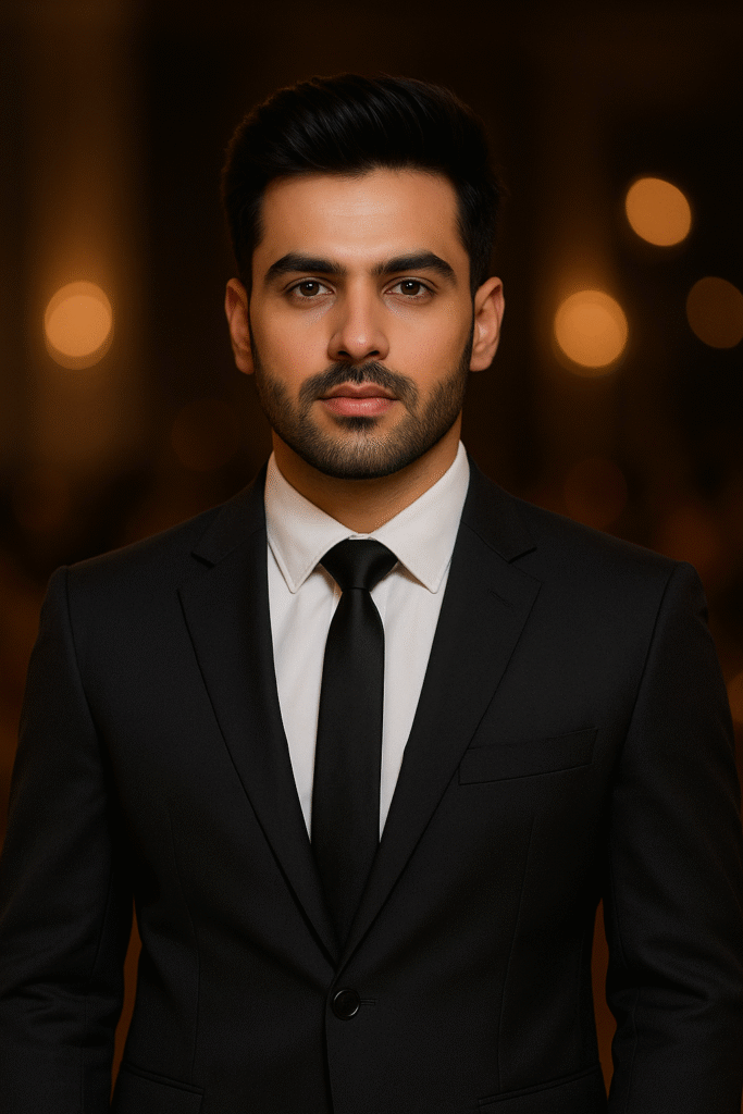 Groom makeup and styling for reception night featuring black suit and flawless skin tone, created by expert artist in Mancherial.