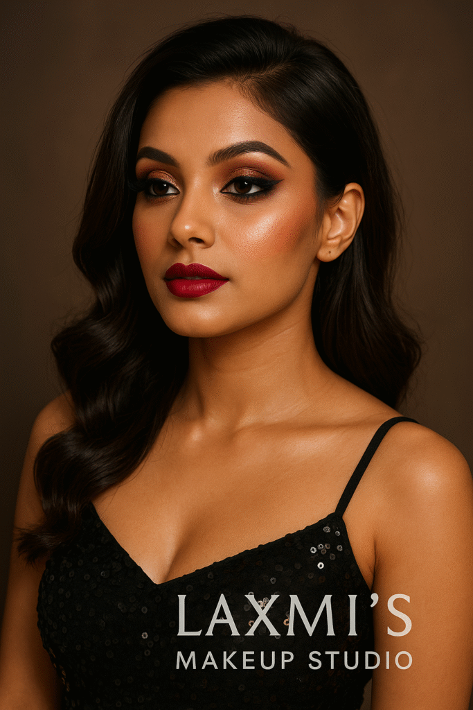 Professional studio photoshoot with soft glam makeup highlighting flawless base and defined features.