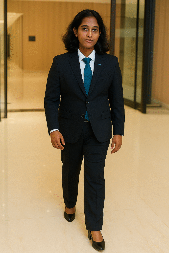 A woman in a formal suit walking confidently in an office hallway.
