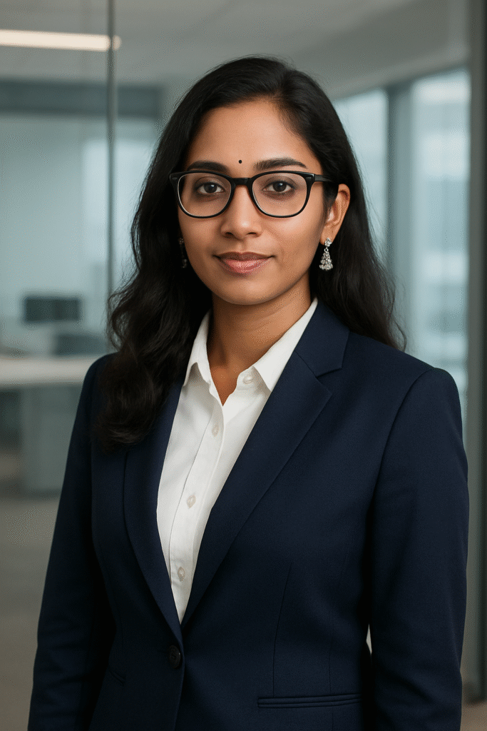 A professional woman wearing glasses and a business suit, smiling calmly in an office environment, representing customer support.