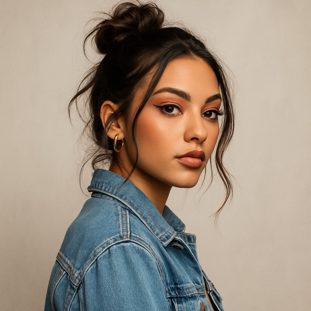 Portrait of a woman with soft glam makeup, winged eyeliner, and a messy bun hairstyle.