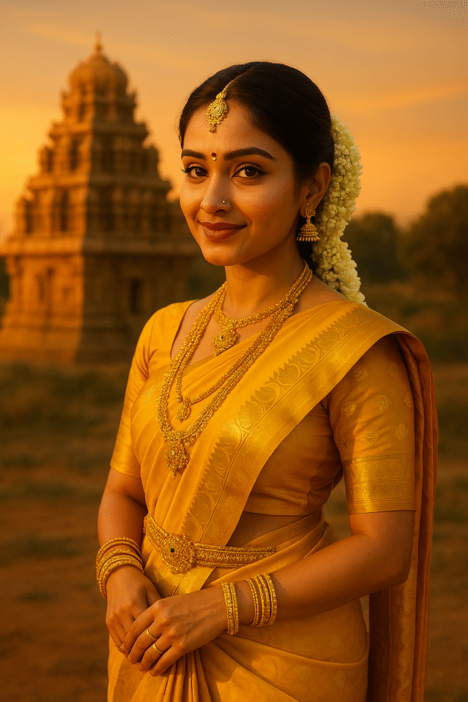 South Indian bride in traditional gold temple jewelry and Kanchipuram saree.