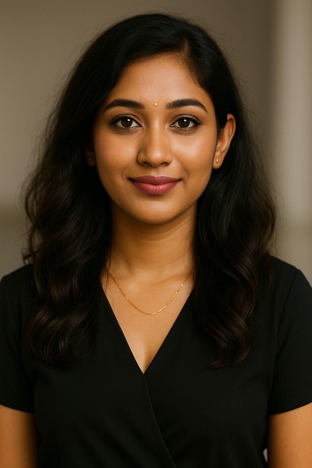 A confident young woman with soft wavy hair and natural makeup, wearing a black outfit and gold jewelry, posing for a professional studio portrait as the owner of Laxmi’s Makeup Studio.