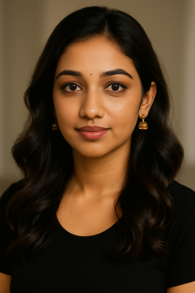 A young woman with medium skin tone and soft wavy hair wearing natural makeup and gold earrings, smiling gently in a studio-style portrait.