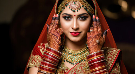 South Indian bridal hairstyle with elegant makeup and red lipstick