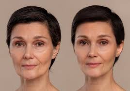 Before and after makeup comparison showing natural skin and transformed glam look.