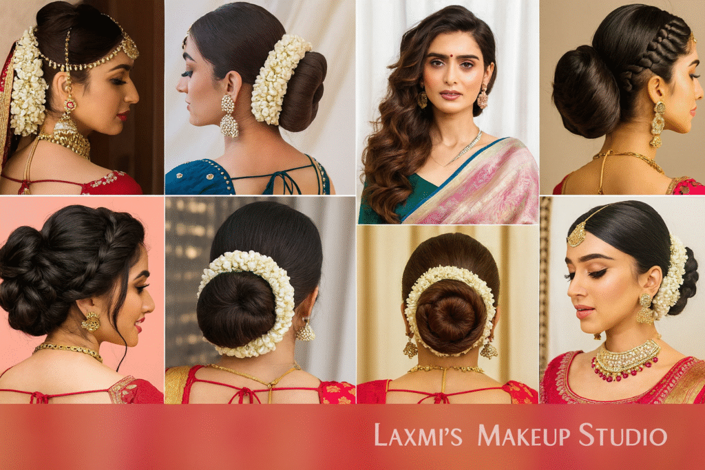A collage of eight elegant bridal hairstyles including floral buns, braided updos, and traditional South Indian bridal looks, created by Laxmi’s Makeup Studio. Brides are styled with jasmine flowers, gold jewelry, and sarees.