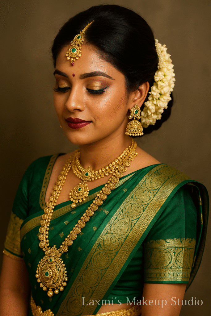 Bridal hairstyle collage featuring elegant buns, braids, and jasmine-adorned looks created by Laxmi’s Makeup Studio.