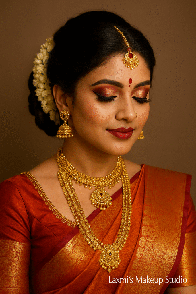 South Indian bridal hairstyles with floral buns and traditional saree looks designed by Laxmi’s Makeup Studio.