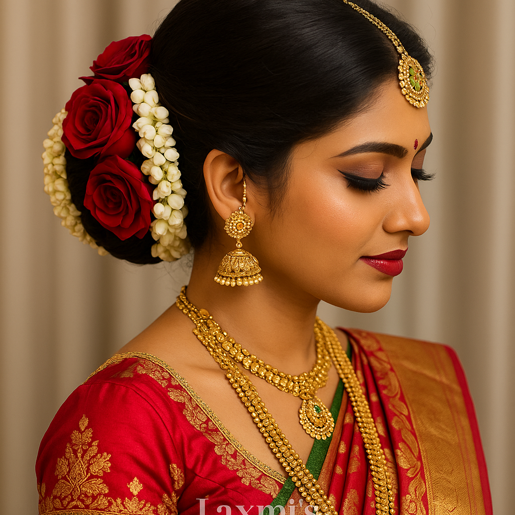 Beautiful Indian bridal hairstyles featuring classic low buns, braided textures, and jasmine flower decorations.
