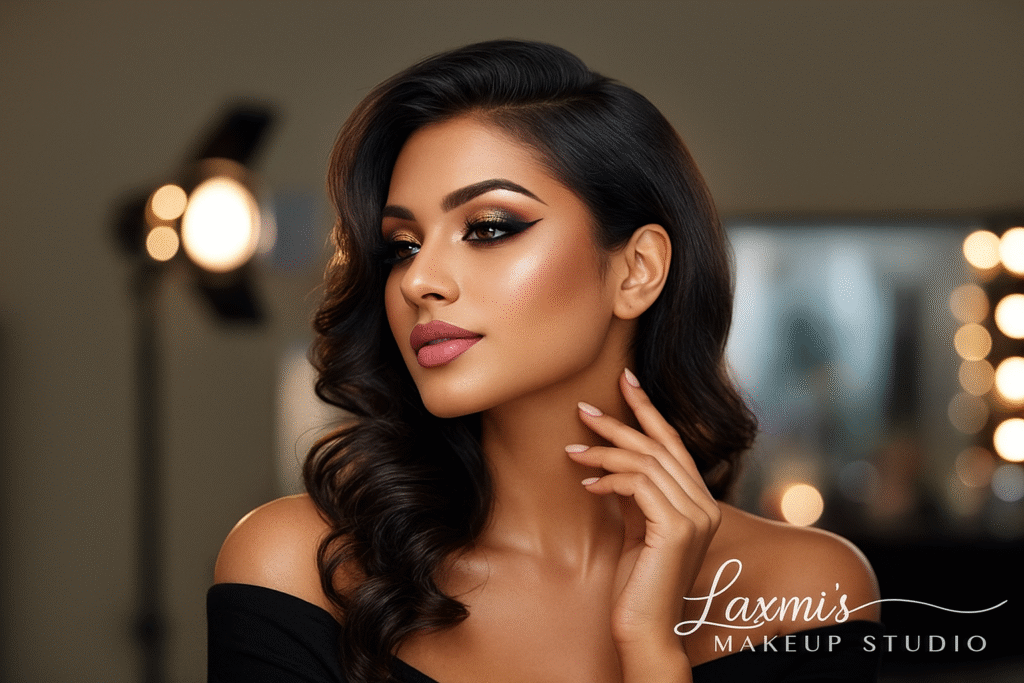 Professional photoshoot makeup look created by Laxmi’s Makeup Studio, featuring flawless skin, defined features, and a high-fashion editorial style.