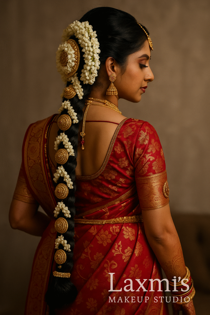 Bridal photoshoot look with traditional South Indian makeup by Laxmi’s Makeup Studio.