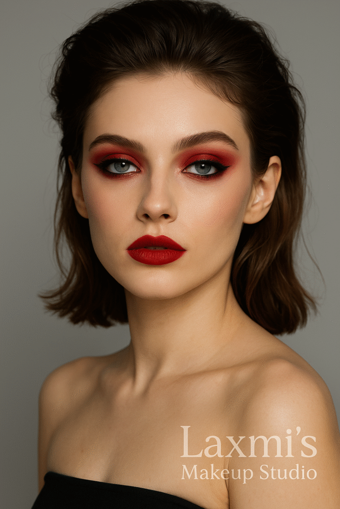 Professional studio photoshoot with soft glam makeup highlighting flawless base and defined features.