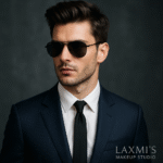Men’s fashion photoshoot makeup with suit and tie, styled by Laxmi’s Makeup Studio.