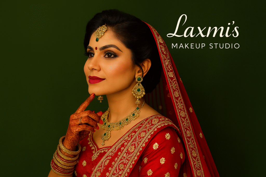 South Indian bridal portrait with traditional red saree, gold temple jewelry, henna, and flawless makeup created by Laxmi’s Makeup Studio.